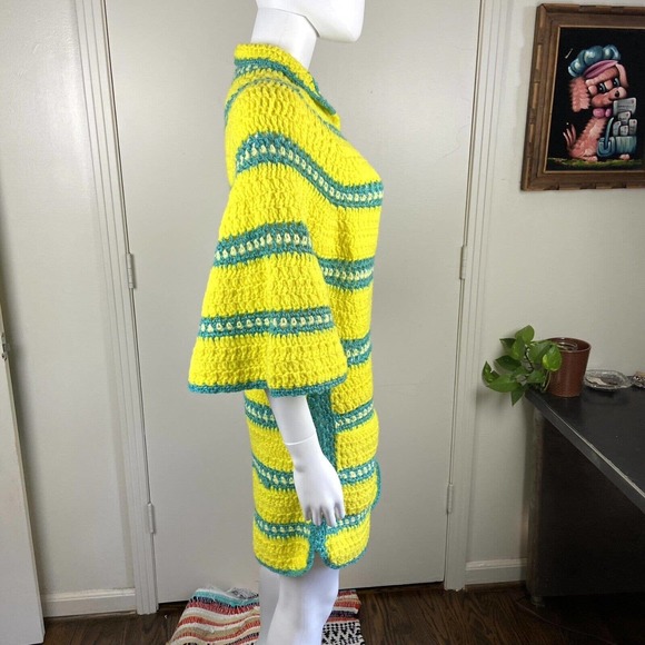 Vintage 70s Handmade Knit Yellow Striped Crochet Sweater Cape Cardigan Sweater - Picture 7 of 10